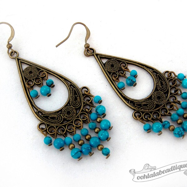 Pendientes de turquesa araña, Boho cuelga joyas, largo, araña de bronce pendientes, joyería Hippie, gitana pendientes, pendientes de turquesa
