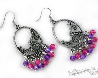 Glass chandelier earrings pink chandelier earrings boho earrings purple earrings glass jewelry gypsy earrings hippie dangles long earrings