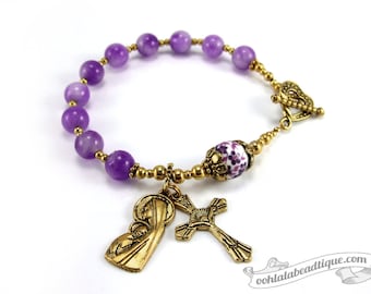 Gold Purple Rosary Bracelet single decade rosary Confirmation gifts Catholic Rosaries gold rosary Catholic jewelry Madonna and Child rosary