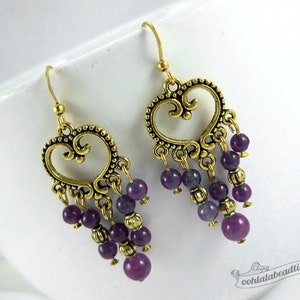 Violet chandelier earrings purple earrings birthstone jewelry boho earrings gypsy long earrings hippie agate earrings gold gift for wife image 4