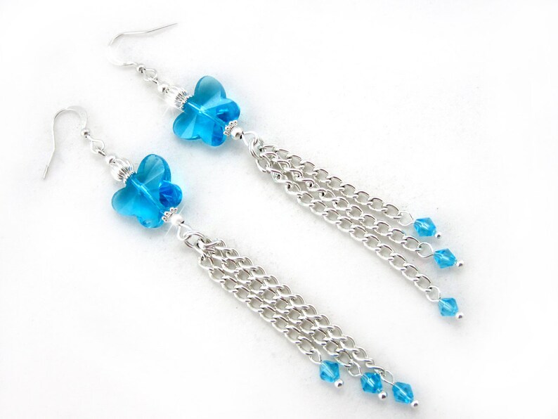 blue crystal long earrings December Birthstone earrings crystal butterflies wedding Jewelry tassel earrings Blue Butterfly Earrings