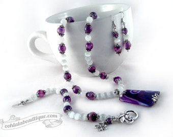 Purple Agate Jewelry Set birthstone necklace earrings set violet agate necklace purple pendant necklace earrings agate jewelry gift for her
