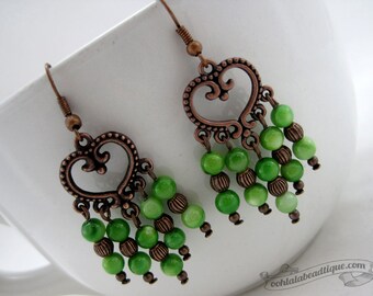 Green chandelier earrings boho dangles copper jewelry shell earrings bohemian jewelry gypsy earrings green hippie long earrings gift for her