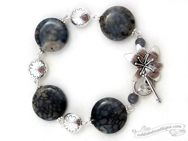 Black Agate Bracelet, black bracelet, birthstone bracelet, gemstone bracelet, black jewelry, flower bracelet, coin bracelet, gift for her image 3
