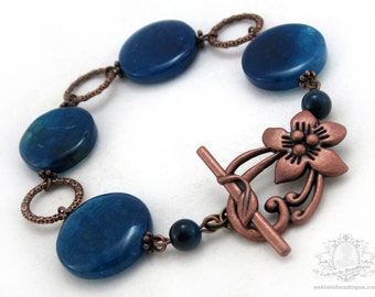 Blue Agate bracelet blue birthstone jewelry copper bracelet flower clasp navy bracelet statement jewelry gemstone bracelet gift for her
