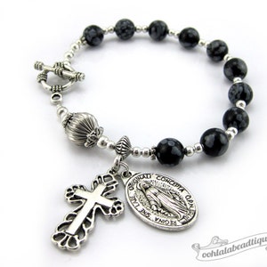 Mens rosary bracelet Miraculous medal rosary Obsidian chaplet catholic rosary one decade rosary unisex gift catholic jewelry prayer