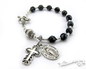Mens rosary bracelet Miraculous medal rosary Obsidian chaplet catholic rosary one decade rosary unisex gift catholic jewelry prayer