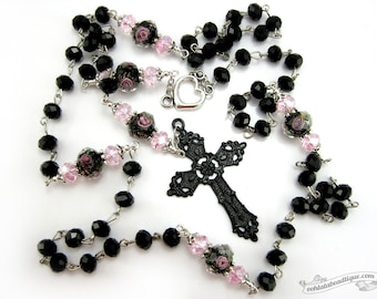 Collar de Rosario de Cristal Negro, rosario de confirmación, regalo católico, rosario de comunión, regalo de confirmación, rosario gótico, joyería católica, regalo