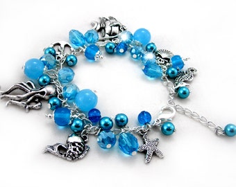 Ocean blue Charm Bracelet, fish bracelet crystal bracelet fish charms birthstone jewelry nautical bracelet turquoise bracelet gift