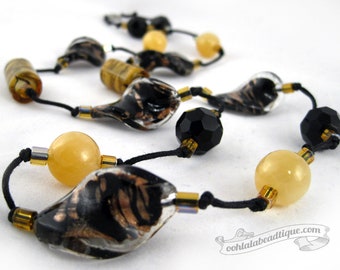 Black and Yellow Murano Necklace black lampwork necklace glass jewelry black opera necklace yellow murano glass bead necklace gift for her