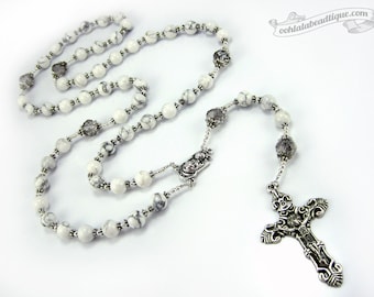 White Rosary, confirmation rosary, catholic gift, white howlite rosary, confirmation gift, gemstone rosary, catholic rosary, Fleur Crucifix