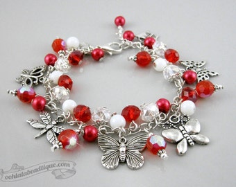 Red Butterfly bracelet, butterfly jewelry, birthstone gift, charm bracelet, crystal jewelry, red bracelet, butterfly charms, red birthstone