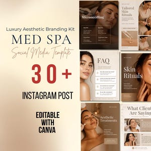 May include: A digital branding kit for a med spa featuring over 30 editable Instagram post templates. The collection includes layouts with text such as Microneedling, Tailored Skin Rituals, Our Services, FAQ, Book Your Glow, and What Clients Are Saying.