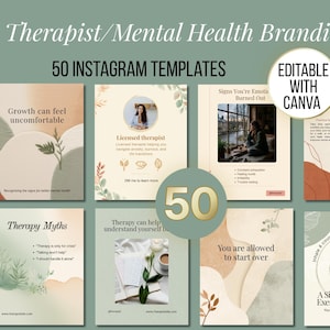 May include: A branding kit for therapists and mental health professionals, featuring 50 Instagram templates. The design includes templates with text like "Growth can feel uncomfortable" and "Licensed therapist". The templates are editable with Canva.