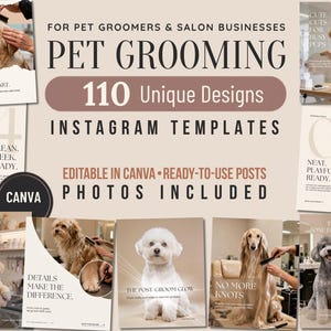 May include: A digital collection of 110 pet grooming Instagram templates featuring various dog breeds, including a golden retriever, a Yorkshire terrier, a Weimaraner, and a poodle, with text overlays such as Pet Grooming and 110 Unique Designs.