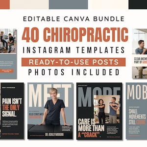 Peut inclure: Un ensemble numérique de 40 modèles Instagram chiropratiques modifiables présentant diverses mises en page avec du texte comme Recovery is Part of Training, Pain Isn't the Only Signal et Mobility. Les designs incluent des photos.