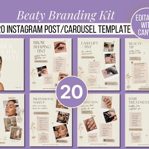 Könnte beinhalten: Ein digitales Branding-Kit mit 20 Instagram-Post- und Karussell-Vorlagen in einem beigen und violetten Farbschema. Die Vorlagen enthalten Text wie Beaty Branding Kit, Editable with Canva und verschiedene Überschriften.