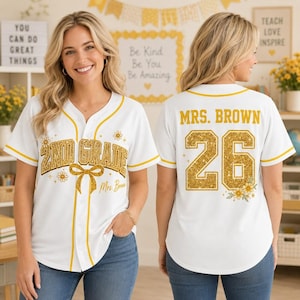 Personalized 2nd Grade Teacher Shirt, Custom Name Number Jersey, Back to School Gift, Daisy Floral Baseball Tee, Gift for Teacher