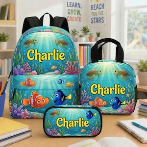Personalized Sea Turtle Backpack, Custom Name School Bag, Ocean Fish Lunch Box, Gift for Boy, Aquarium Theme Bookbag, Back To School Gift