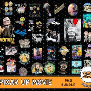 Puede incluir: Una colección de más de 35 diseños PNG con personajes y escenas de la película de Pixar "Up". Los diseños incluyen imágenes de Carl, Ellie y la casa con globos, con texto como "Adventure" y "What's Up".
