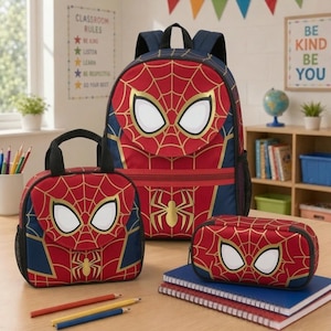 Spiderman Backpack Set, School Bag with Lunch Box, Pencil Case Pouch, Superhero Gift for Boys, School Supplies