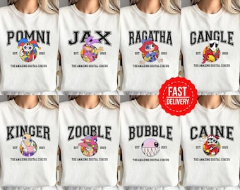 Camiseta personalizada de The Amazing Digital Circus, camiseta de Jax, camiseta de Ragatha, camiseta de Kinger, camiseta personalizada de personajes de TADC, camiseta de cumpleaños de dibujos animados de circo