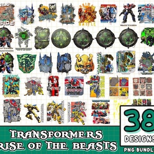 May include: A collection of 38 Transformers designs, including images of robots, logos, and text. The designs feature various colors and styles, with the text "TRANSFORMERS RISE OF THE BEASTS" and "38 DESIGNS PNG BUNDLE".