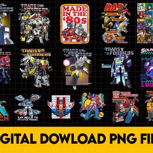 Puede incluir: Una colección de gráficos coloridos de Transformers, incluyendo Optimus Prime y Bumblebee, con textos como "Made in the 80s" y "Digital Download PNG File". Los diseños presentan varios robots en poses de acción.