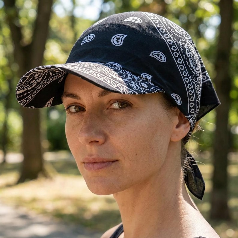 May include: A black bandana-style cap featuring a white paisley print pattern. The headwear includes a stiffened brim and fabric ties at the back, constructed from a lightweight material with a classic repeating teardrop and floral motif design.