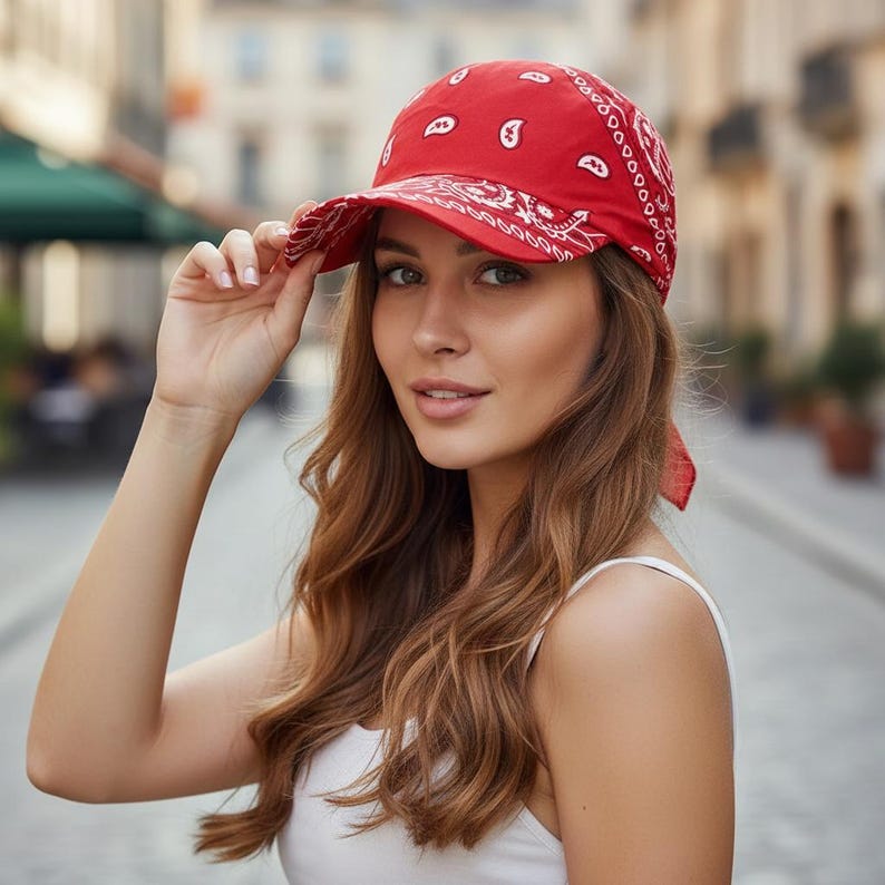 May include: A bright red baseball cap featuring a white paisley bandana print pattern. The cap has a structured crown and a curved brim, with fabric ties extending from the back, creating a distinct headwear piece with a classic bandana aesthetic.