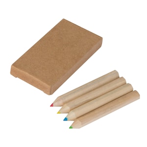 May include: Four unpainted wooden pencils with coloured tips in red, yellow, blue, and green. They are next to a small, rectangular, brown cardboard box.