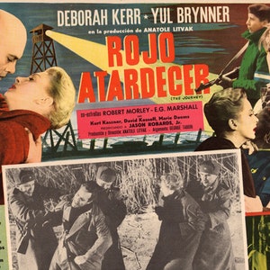 May include: A vintage movie poster for the film "Rojo Atardecer" (The Journey) starring Deborah Kerr and Yul Brynner. The poster features a dramatic scene with the two actors in a passionate embrace. The poster is in Spanish and features the title in red and yellow lettering.