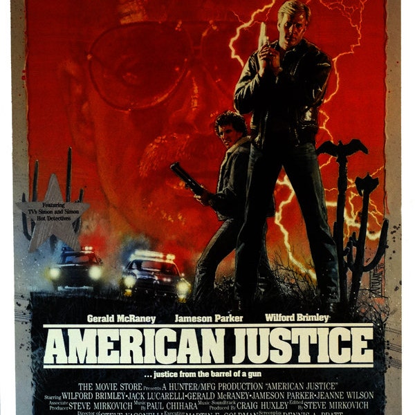 AMERICAN JUSTICE (Jackals).1986 Original 27" x 41" Video Movie Poster. Gerald McRaney, Jameson Parker. TV's Simon and Simon Hot Detecives.
