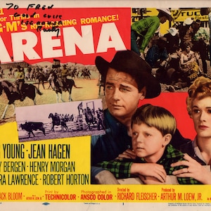 May include: A vintage movie poster for the film "Arena" starring Gig Young, Jean Hagen, Polly Bergen, Henry Morgan, Barbara Lawrence, and Robert Horton. The poster features a red background with the title "Arena" in large white letters. The poster also includes a photo of the actors in the film, as well as a scene from the film.