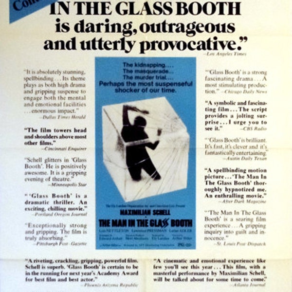 Man in the Glass Booth. Original 1975 U.S. 27" x 41" Movie Theater Poster. Maximillan Schell Academy Award Nomination. Nazi War Criminal.