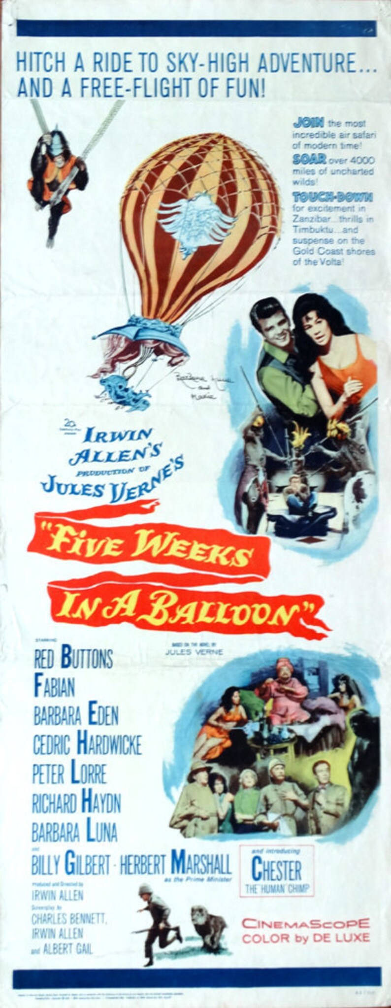 Five Weeks in a Balloon.1962Original US 14x36 Movie Poster.Barbara Luna Autograph.Fabian,Barbara Eden,Red Buttons,Peter Lorre,Barbara Luna image 1