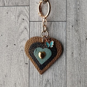 Real cowhide leather heart bag charm purse charm. Multicolored Metallic Gold, Blue, Light Blue