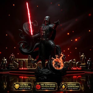 Puede incluir: Estatua negra de Darth Vader con un sable de luz rojo, de pie sobre una base con el texto "STLBAStic". La imagen tiene un tema rojo y negro con pequeñas figuras y llamas.