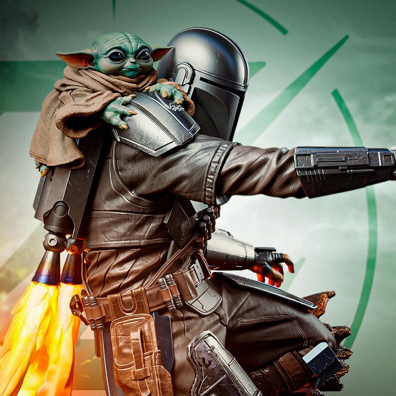 May include: A detailed figurine of The Mandalorian with Grogu. The Mandalorian is in a brown and silver suit with a helmet, and Grogu is perched on his shoulder, wrapped in a brown cloak. The figurine has a jetpack with orange flames.