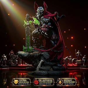 Puede incluir: Una estatua detallada impresa en 3D de Spawn, un personaje de cómic, sosteniendo una espada verde brillante. La figura está vestida con una capa y armadura rojas, con figuras más pequeñas y la palabra "SUIC" visible en el fondo. La imagen también incluye texto que dice "ULTRA HIGH DETAIL" e "INSTANT DOWNLOAD".