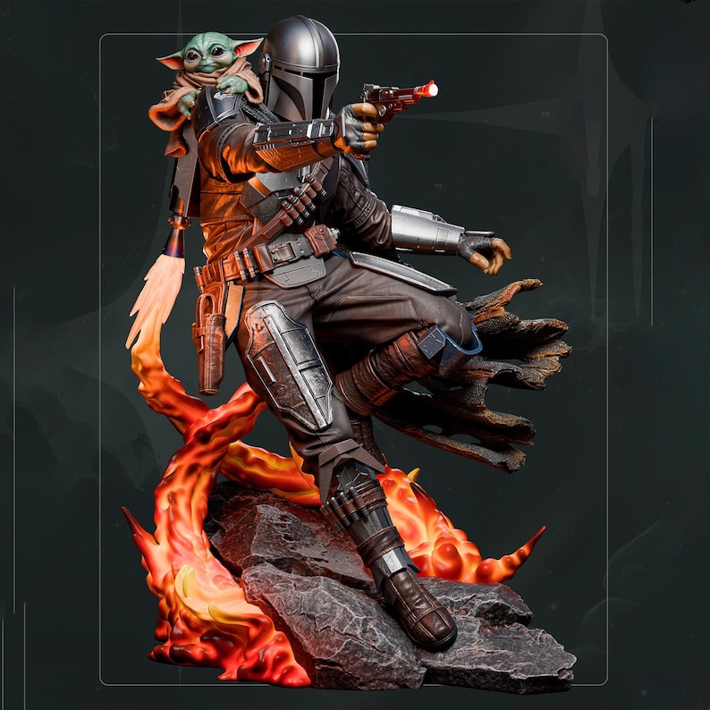 May include: A detailed statue of The Mandalorian, a character from the Star Wars franchise, holding a blaster. A small Grogu figure sits on his shoulder. The statue is set against a fiery, orange and red backdrop, with a dark gray base.
