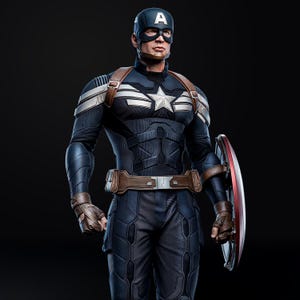Op de afbeelding: Een Captain America actiefiguur in een donkerblauw en zilver kostuum, met een schild. De figuur heeft een helm met een witte "A" en een ster embleem op de borst. De figuur draagt een bruine riem en handschoenen.