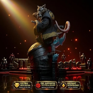 May include: A detailed 3D model of a rat-like warrior in a black and gold outfit, holding swords. The image features the text "STL Fantastic" and icons indicating high detail, pre-supported files, and instant download.