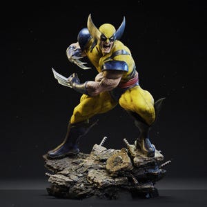 Puede incluir: Figura detallada de Wolverine en una pose dinámica, mostrando su icónico traje amarillo y azul. La figura tiene garras afiladas extendidas y se encuentra sobre una base rocosa, con una expresión feroz.
