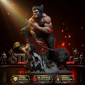 May include: A detailed statue of Wolverine, a Marvel Comics character, with claws extended, standing on a sculpted base. The figure is muscular and in a dynamic pose. The base includes a wolf and a helmet. The image includes the text "STL", "ULTRA HIGH DETAIL", "PRE SUPPORTED TESTED & READY", and "INSTANT DOWNLOAD".