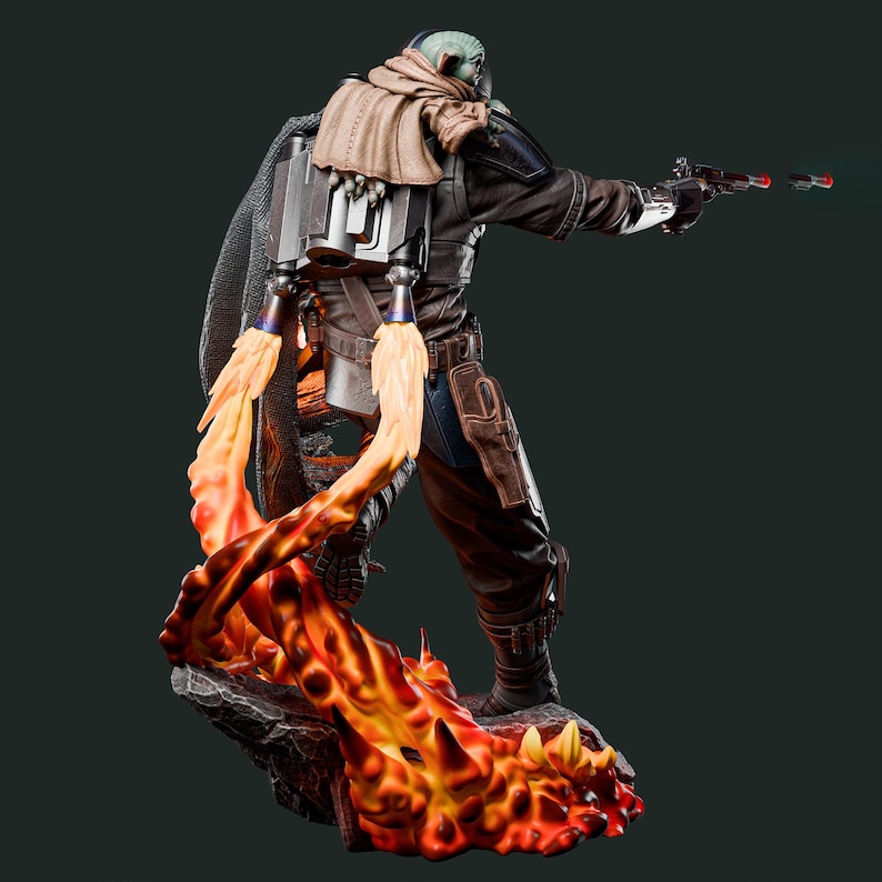 May include: A detailed figurine of a character in a brown and black outfit, with a jetpack and a blaster. The figure is standing on a base with orange and red flames. The character is wearing a helmet and a tan scarf.
