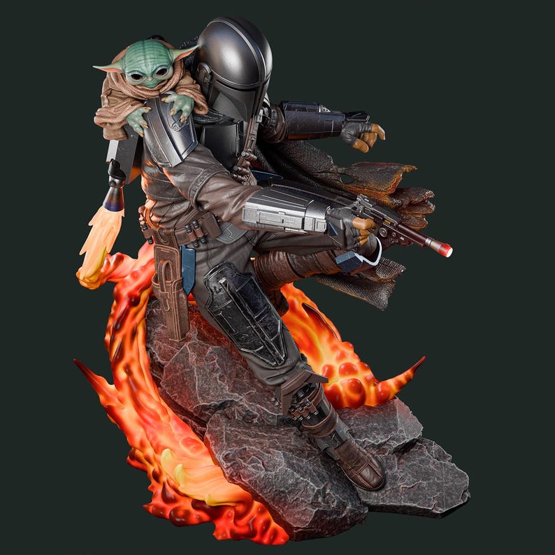 May include: A detailed statue of The Mandalorian, clad in dark armor, holding a blaster. Grogu, also known as Baby Yoda, is perched on his shoulder. The base features a fiery, orange and red lava effect, creating a dynamic action pose.