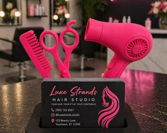 Hairstylist Business Card Holder – Salon Desk Organizer (Comb, Scissors & Blow Dryer Design) 3d printed