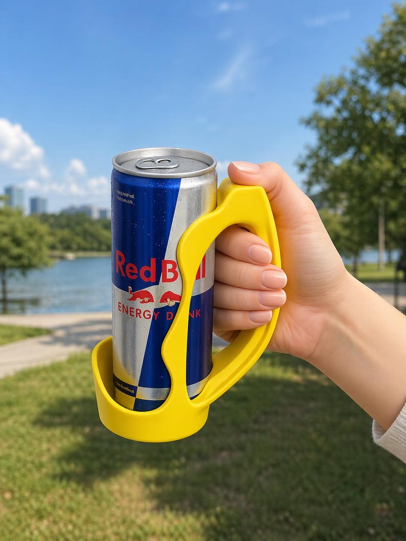 May include: A yellow can holder grips a Red Bull energy drink can. The can is silver and blue with the Red Bull logo. The background shows a lake, trees, and a blue sky.