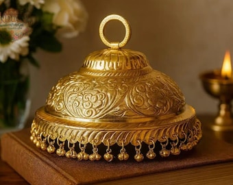 Paraguas de plata alemana con figura de deidad Chatra y cascabeles, dosel para ídolo colgante de decoración de templo tallado.